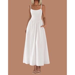 NEW PrettyGarden White Maxi Dress  Smocked Sundress with Pockets Size Large